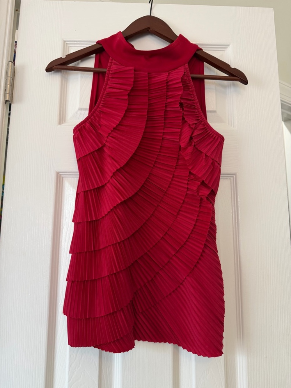 Pleated Ruffle Sleeveless Mock-Neck top- Red